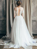 See Through Ivory Country Wedding Dresses Long Sleeve Boho Wedding Dress with Slit AWD1192-SheerGirl