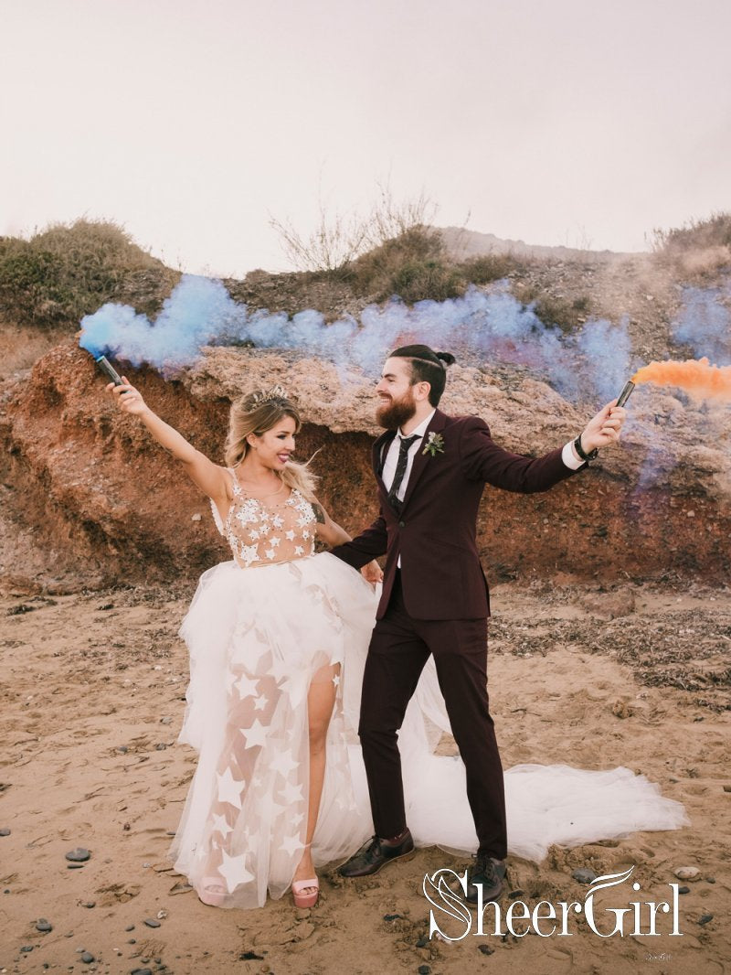 See Through Ivory Stars Lace Pattern Bridal Dress Unique