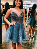 See Through Lace Homecoming Dress V Neck Beaded Short Prom Dress ARD2814-SheerGirl