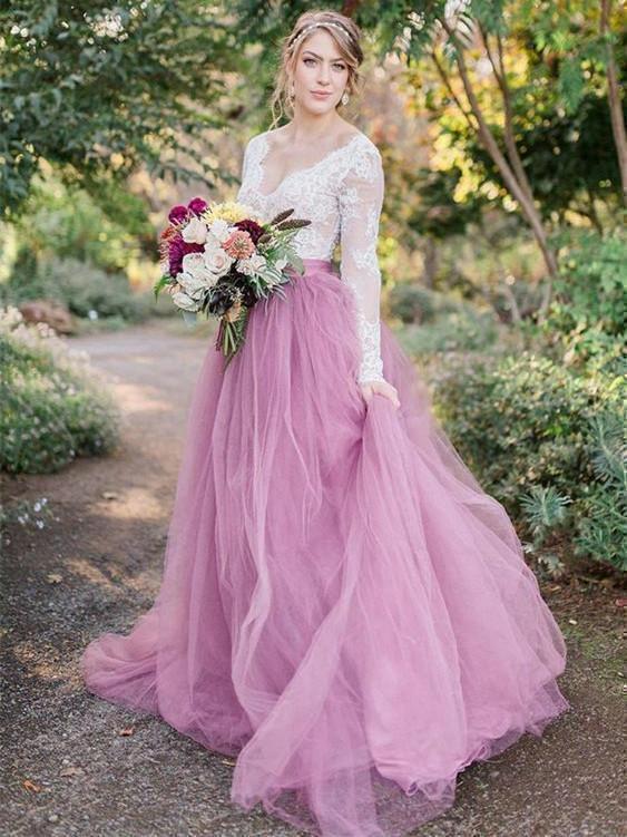 See Through Lace Long Sleeve Rustic Wedding Dresses Light Orchid Wedding Dress AWD1238-SheerGirl