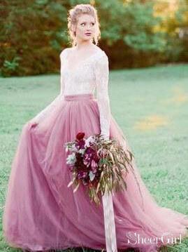 See Through Lace Long Sleeve Rustic Wedding Dresses Light Orchid Wedding Dress AWD1238-SheerGirl