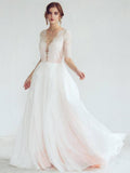 See Through Lace Top Beach Wedding Dresses Half Sleeve Simple Wedding Dress AWD1184-SheerGirl
