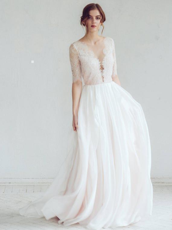See Through Lace Top Beach Wedding Dresses Half Sleeve Simple Wedding Dress AWD1184-SheerGirl