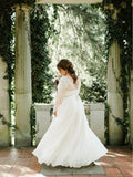 See Through Lace Top Ivory Chiffon Plus Size Wedding Dresses with Sleeves AWD1253-SheerGirl