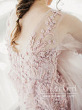 See Through Long Sleeve 3D Lace Appliqued Soft Tulle Beach Wedding Dresses AWD1765-SheerGirl