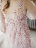 See Through Long Sleeve 3D Lace Appliqued Soft Tulle Beach Wedding Dresses AWD1765-SheerGirl