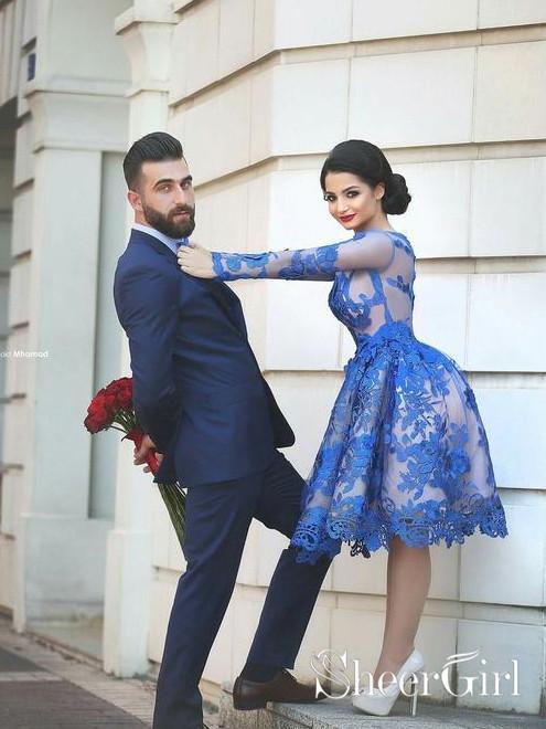 See Through Long Sleeve A Line Homecoming Dresses Royal Blue Lace  