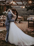 See Through Long Sleeve Boho Wedding Dresses Lace Applique Bridal Dress AWD1327-SheerGirl