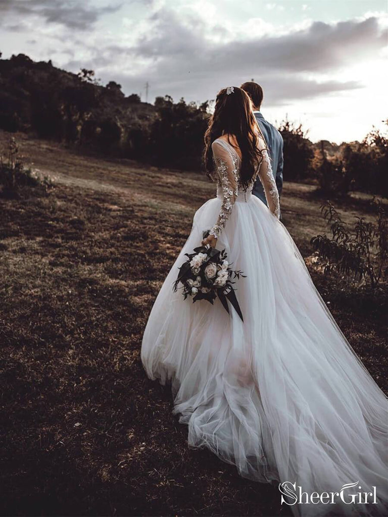 See Through Long Sleeve Boho Wedding Dresses Lace Applique Bridal Dress AWD1327-SheerGirl