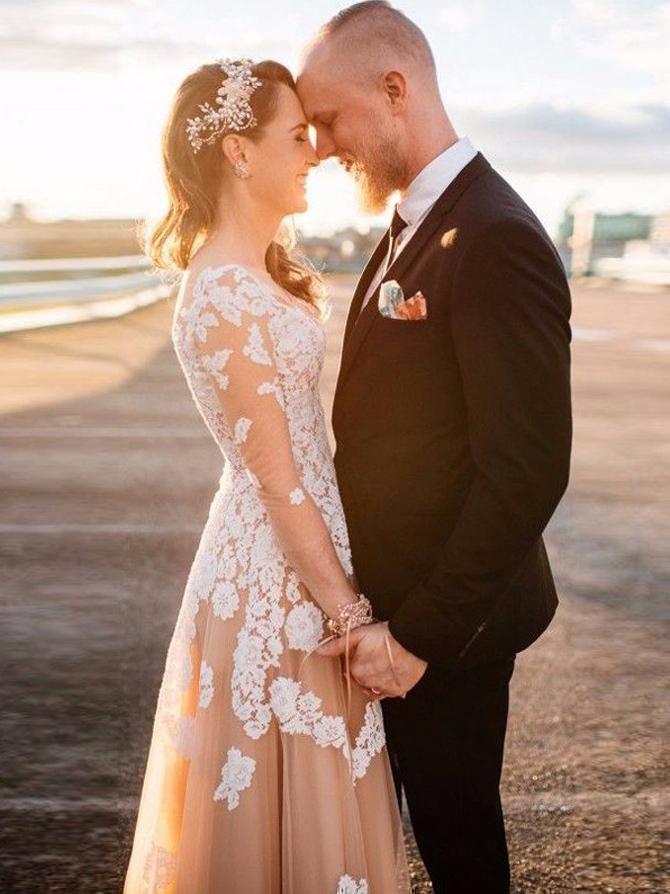 See Through Long Sleeve Lace Applique Champagne Wedding Dresses AWD1272 See Through Long Sleeve Lace Applique Champagne Wedding Dresses AWD1272