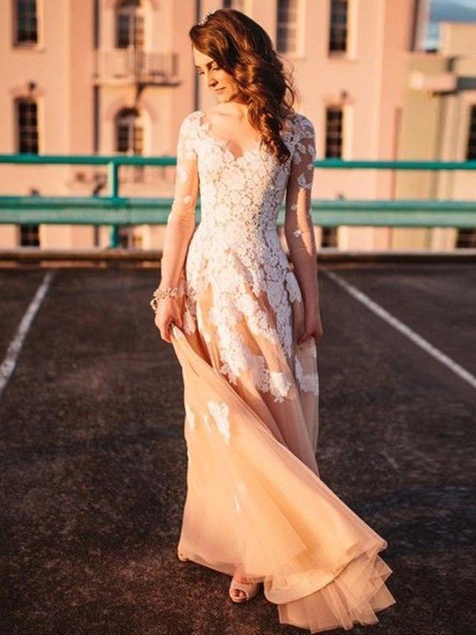 See Through Long Sleeve Lace Applique Champagne Wedding Dresses AWD1272-SheerGirl
