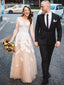 See Through Long Sleeve Lace Applique Champagne Wedding Dresses AWD1272