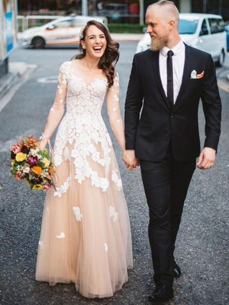 See Through Long Sleeve Lace Applique Champagne Wedding Dresses AWD1272