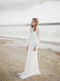 See Through Long Sleeve Lace Appliqued Ivory Beach Wedding Dresses AWD1195-SheerGirl