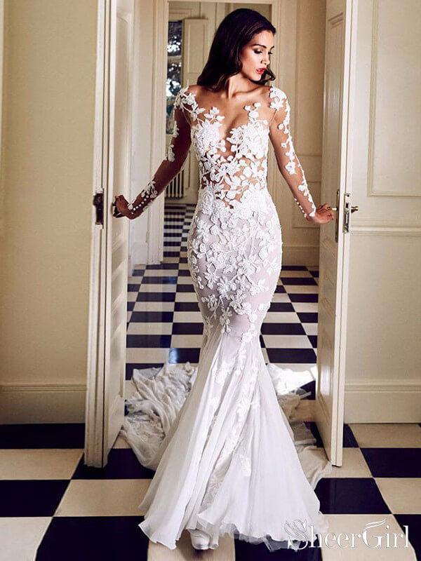 See Through Long Sleeve Mermaid Wedding Dresses Lace Applique Bridal Dress AWD1251-SheerGirl