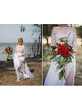 See Through Long Sleeve White Beach Wedding Dresses with Slit AWD1210-SheerGirl