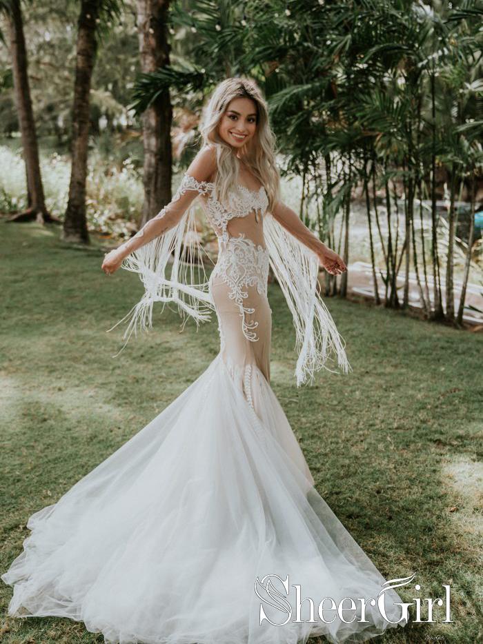 Sexy See Through Beach Wedding Dresses V Neck Bridal Dress with Slit A   SheerGirl