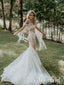 See Through Mermaid Wedding Gown Ivory Lace Fringe Long Sleeves Wedding Dress AWD1645