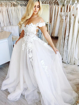 Floral Lace Princess A-line Wedding Dress with Sleeves Ball Gown Bridal  Dress AWD1788