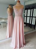 See Through Pink Prom Dresses Lace Applique Beaded Maxi Formal Dresses APD3511-SheerGirl
