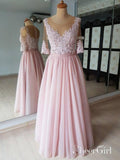 See Through Pink Prom Dresses Lace Half Sleeve Wedding Guest Dresses APD3505-SheerGirl