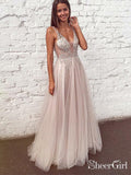 See Through V Neck Long Prom Dresses Beaded Tulle Formal Dress ARD1926-SheerGirl