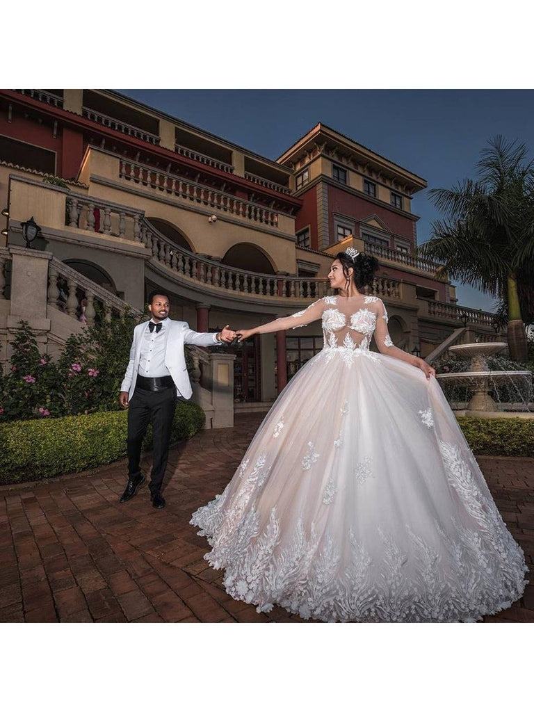 See Through Wedding Dresses with Sleeves Lace Applique Vintage Wedding Dresses APD3492-SheerGirl