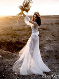 See Through White Lace Boho Wedding Dresses Polka Dot Rustic Wedding Gown AWD1352-SheerGirl