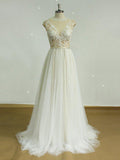 See-through Lace Bodice A-line Ivory Tulle Cheap Bridal Gowns SWD0022-SheerGirl