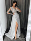 See-through Lace Top Silver Prom Dresses Chiffon Long Sleeve Evening Dress with Slit APD2749