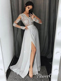 See-through Lace Top Silver Prom Dresses Chiffon Long Sleeve Evening Dress with Slit APD2749-SheerGirl