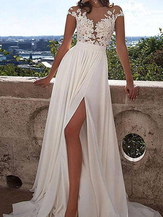 See-through Lace appliqued Chiffon Beach Wedding Dresses with Slit,apd2679-SheerGirl