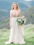 Sequin and Chiffon Backless Simple Beach Wedding Dresses with Sash AWD1302-SheerGirl