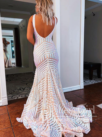 Sequins Lace Backless Mermaid Prom Dresses V Neck Formal Dress ARD2736-SheerGirl