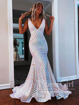 Sequins Lace Backless Mermaid Prom Dresses V Neck Formal Dress ARD2736-SheerGirl