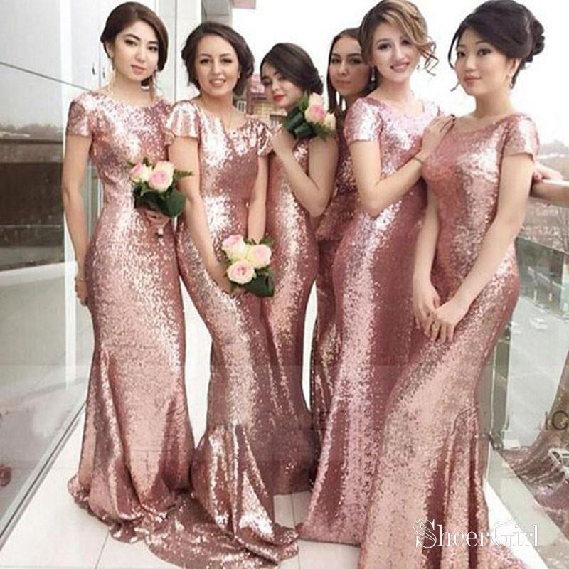 Sequins Mermaid Bridesmaid Dresses,Short Sleeves Wedding Party Dresses for Bridesmaid,apd1818-SheerGirl
