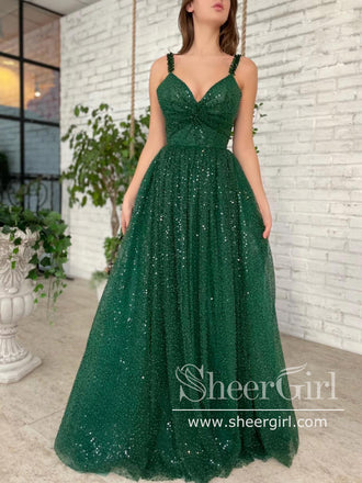 Sequins Tulle Ball Gown Party Dress Crystal Straps Floor Length Sparkly Prom Dress ARD2699-SheerGirl
