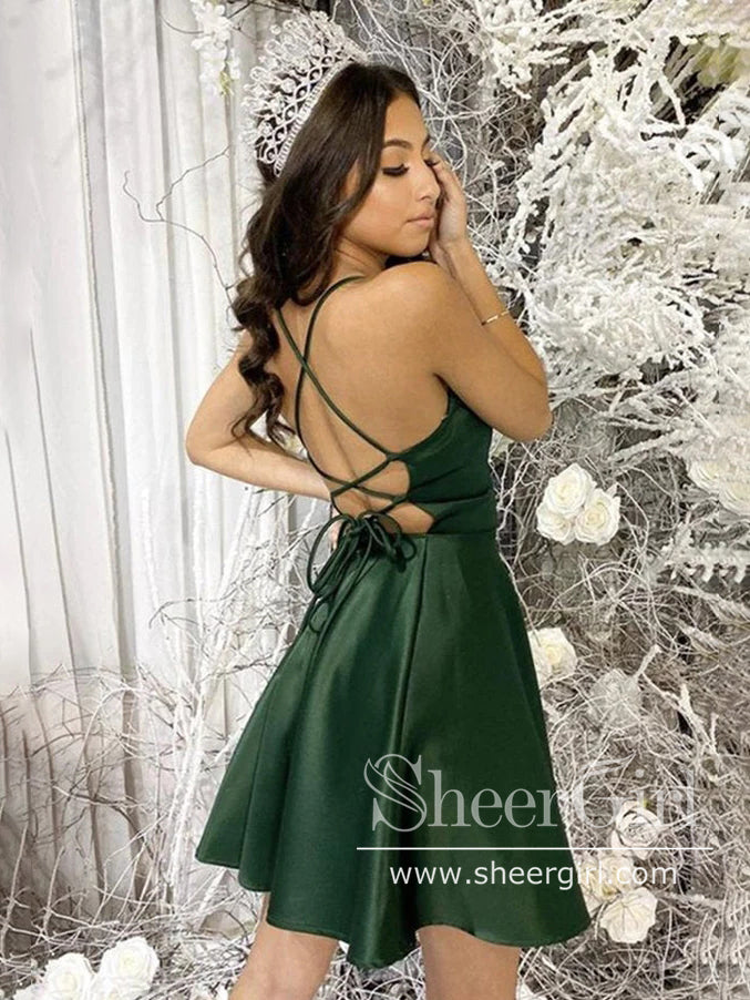 Sexy Backless Green Mini Homecoming Dresses Short Satin Cocktail Party Dress ARD1474-SheerGirl