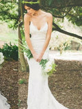 Sexy Backless Lace Mermaid Wedding Dresses Spaghetti Strap V Neck Wedding Dress AWD1524-SheerGirl