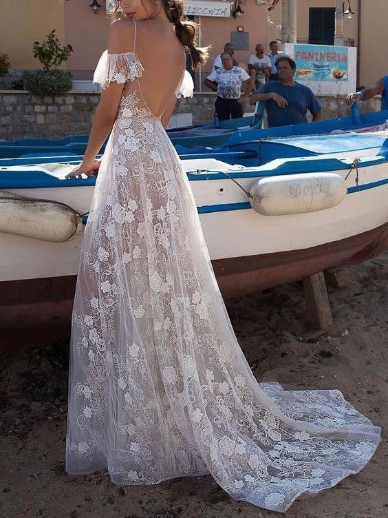 Sexy Backless Summer Lace Wedding Dresses See Through Beach Wedding Dresses AWD1142-SheerGirl