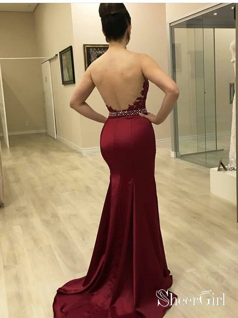 Sexy Burgundy Mermaid Prom Dresses with Sheer See Through Neck ARD1898 Sexy Burgundy Mermaid Prom Dresses with Sheer See Through Neck ARD1898