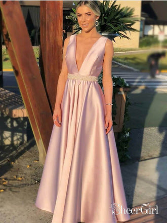 Sexy Deep V Neck Long Prom Dress Light Pink Cheap Prom Dress ARD1906-SheerGirl