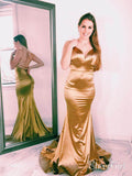 Sexy Gold Satin Mermaid Prom Dresses Spaghetti Strap Backless Prom Dress ARD1888-SheerGirl