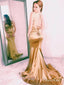 Sexy zlaté saténové plesové šaty s mořskou pannou Špagetové šaty s ramínky na ples bez zad ARD1888 