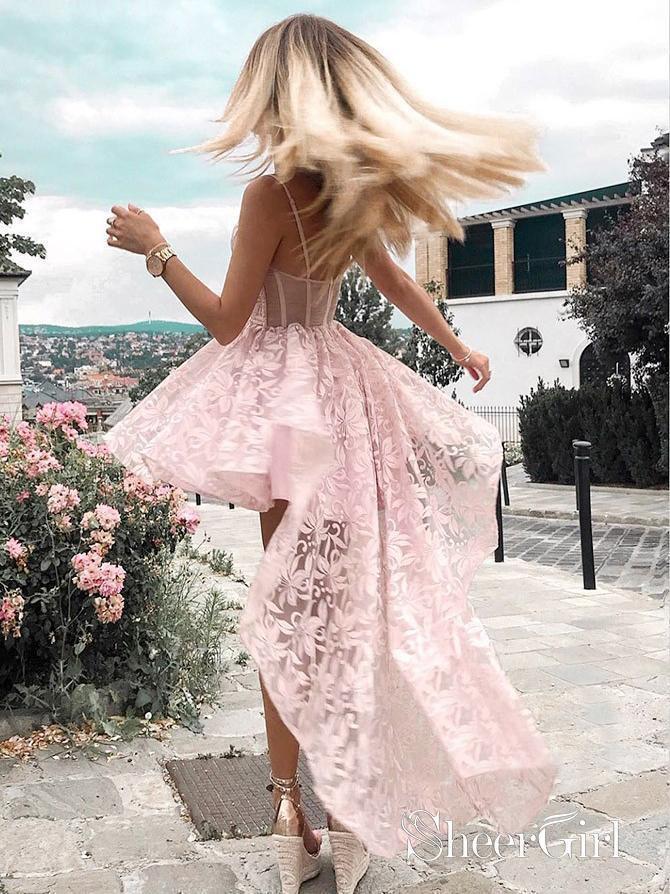 Sexy High Low Floral Prom Dresses Spaghetti Strap Pink Lace Homecoming Dress ARD1585 Sexy High Low Floral Prom Dresses Spaghetti Strap Pink Lace Homecoming Dress ARD1585