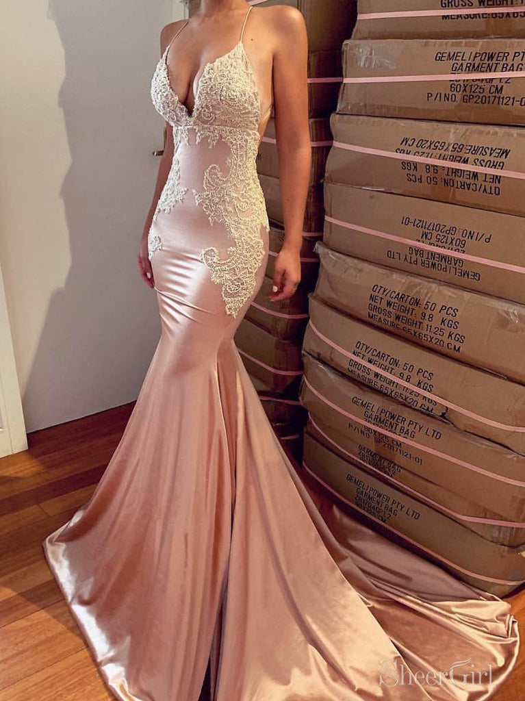 Sexy Mermaid Backless Prom Dress Nude Long Lace Prom Dresses APD3401-SheerGirl