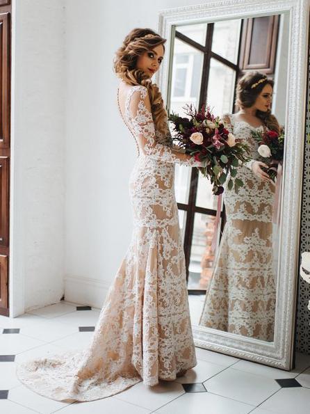 Sexy Nude Mermaid Wedding Dresses Long Sleeve Ivory Lace Rustic Wedding Dress AWD1220 Sexy Nude Mermaid Wedding Dresses Long Sleeve Ivory Lace Rustic Wedding Dress AWD1220