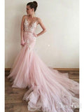 Sexy Pink Tulle Mermaid Wedding Dresses Lace Bodice Bridal Dress AWD1427-SheerGirl