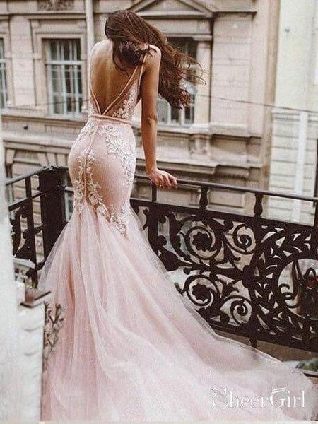 blush colored mermaid wedding dress Gorgeous Sweetheart Strapless Lace Appliques Tulle Pink Mermaid Prom B AlineBridal