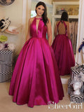 Sexy Plunging V Neckline Satin Ball Gown Evening Dress Hot Pink Backless Prom Dress ARD2500-SheerGirl